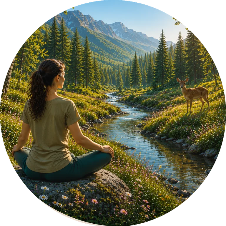 A person meditating beside a forest stream with a deer nearby — Universal Flow Healing
