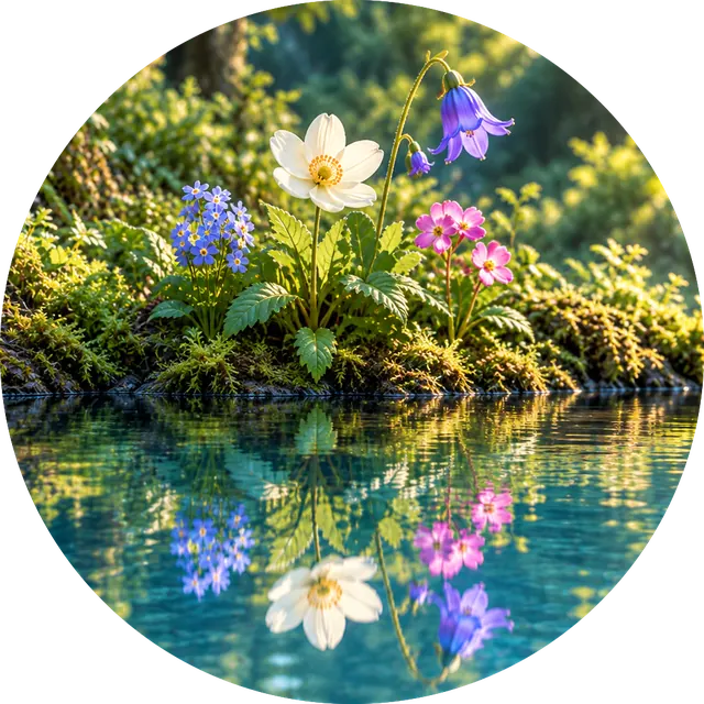 Wildflowers reflected in clear water representing holistic evolution